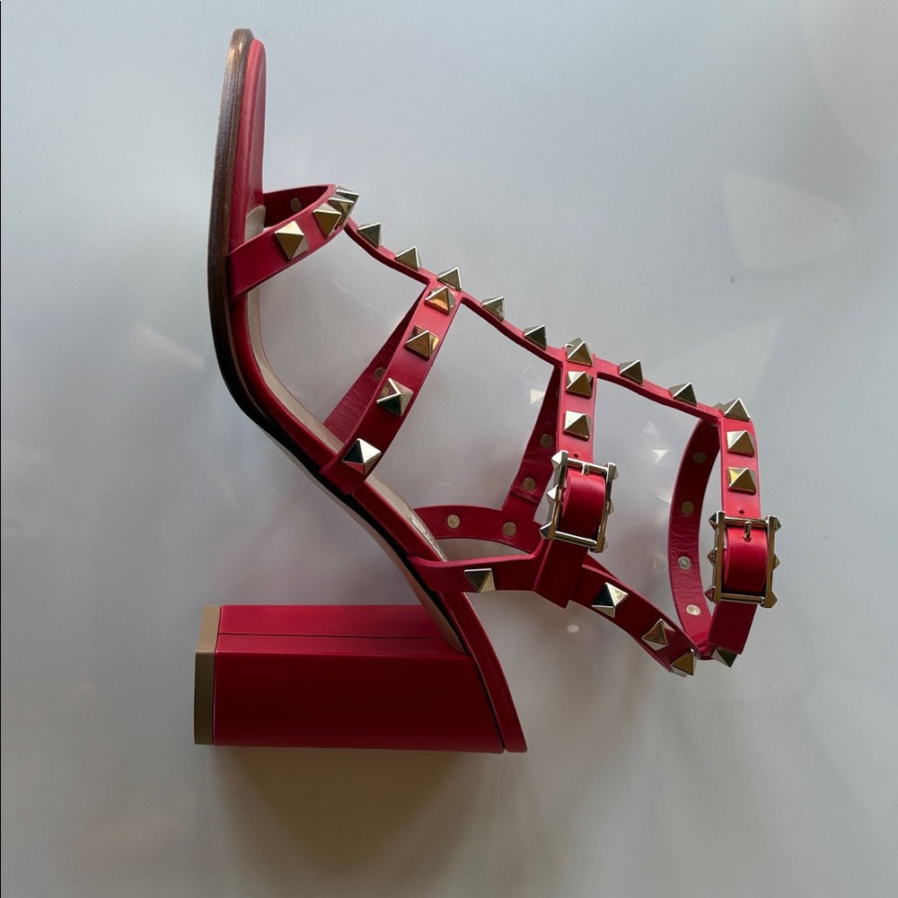 Valentino Garavani Red Studded Block Heel Sandals - Picture 3 of 5